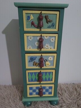 Russ Berrie 5 Drawer Wooden Jewelry Box Chest Vintage Cottagecore 90s Y2K